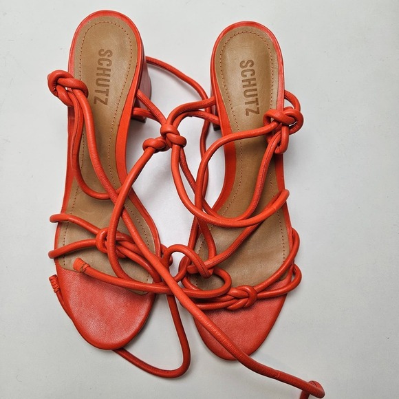 NWOT Schutz Nicky‎ Mid Nappa Sandals 9 Orange Strappy Block Heels Ankle Wrap Tie - Picture 3 of 7
